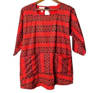 Vintage RAMA Thailand Size Large Thai Cotton Tie Back Half Sleeve Blouse Print